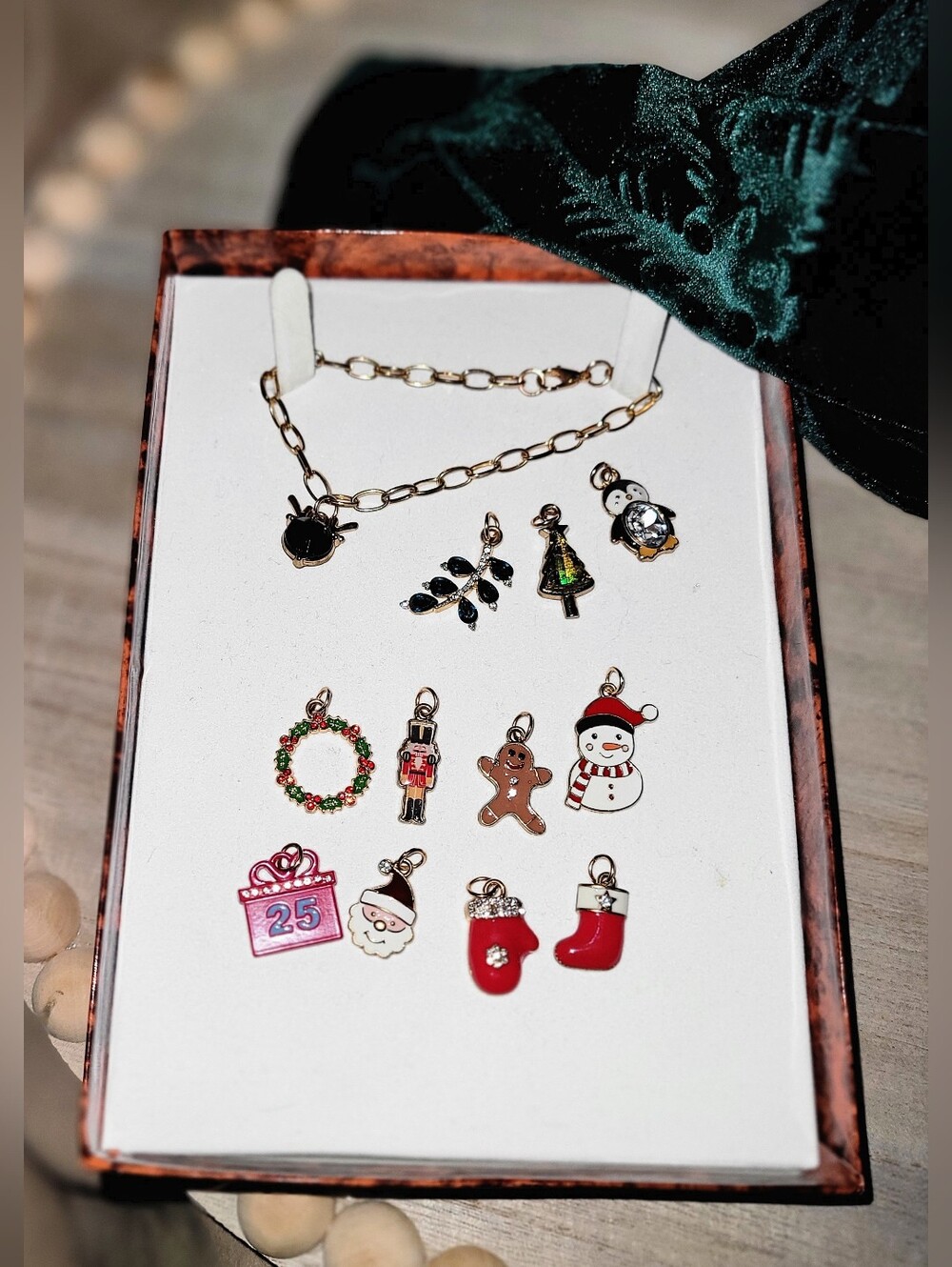 Christmas Charm Bracelet - 13 Charms JEWELS Rhinestones GORGEOUS GOLD ENAMEL